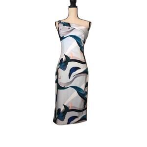 Black Halo Eve Dress Size 2 Blue Floral One Shoulder Midi Wedding Guest Altered